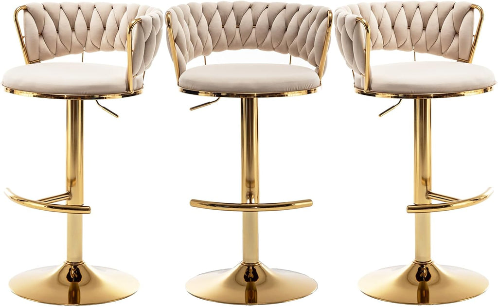 Gold Bar Stools Set of 3, Counter Stools for Kitchen Island (Beige) | Adjustable Height Barstools with Woven Backs, Luxury Velvet Upholstery, Swivel Bar Chairs for Home Bar, Cafe