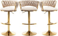 Gold Bar Stools Set of 3, Counter Stools for Kitchen Island (Beige) | Adjustable Height Barstools with Woven Backs, Luxury Velvet Upholstery, Swivel Bar Chairs for Home Bar, Cafe