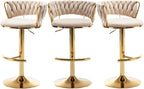 Gold Bar Stools Set of 3, Counter Stools for Kitchen Island (Beige) | Adjustable Height Barstools with Woven Backs, Luxury Velvet Upholstery, Swivel Bar Chairs for Home Bar, Cafe