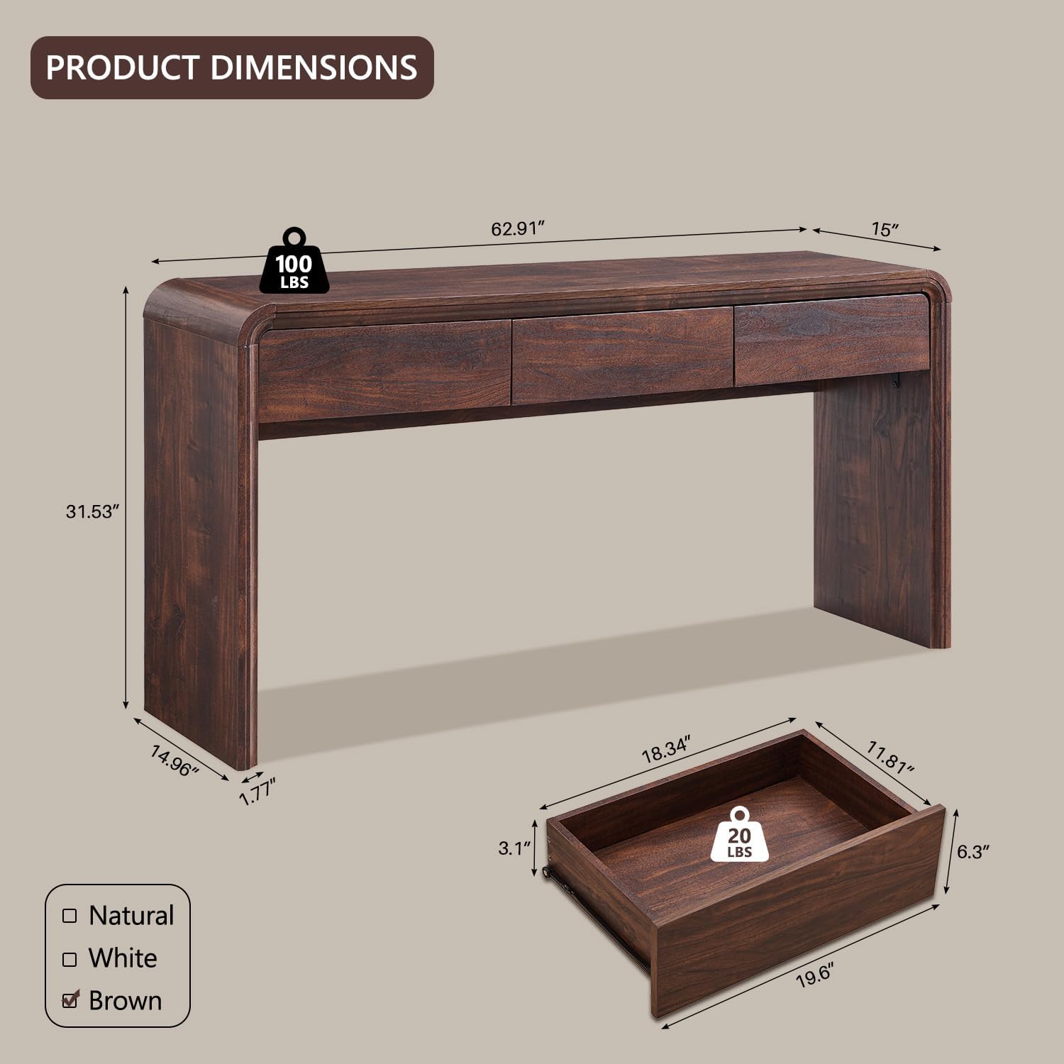 63" Console Table with 3 Drawers, Wood Entryway Table with Storage, Brown | Modern Behind Couch Table with Curved Profile Design, Narrow Long Sofa Table Behind Couch for Living Room, Hallway, Foyer