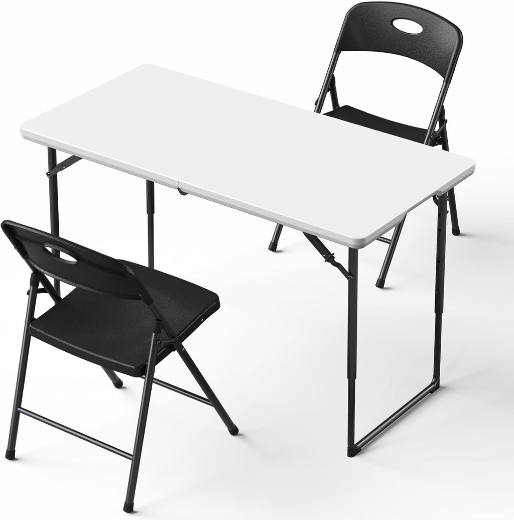 Folding Table and Chairs Set for 3, 4FT Foldable Plastic Table with Carry Handle & 2 Black Folding Chairs, Portable Indoor Outdoor Dining Set for Party, Wedding, Picnic, Camping, Events