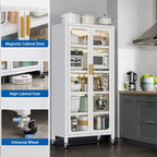 65" Kitchen Pantry Storage Cabinet - Metal 6-Tier Cabinet Transparent Doors with Wheels & Adjustable Shelves for Living Dining Room (White)