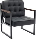 COLAMY Mid Century Modern Accent Chair Set of 2, Comfy Living Room Chair, Black Leather Accent Chair, Faux Leather Reception Armchair with Metal Legs for Living Room Bedroom Reception Office, Black