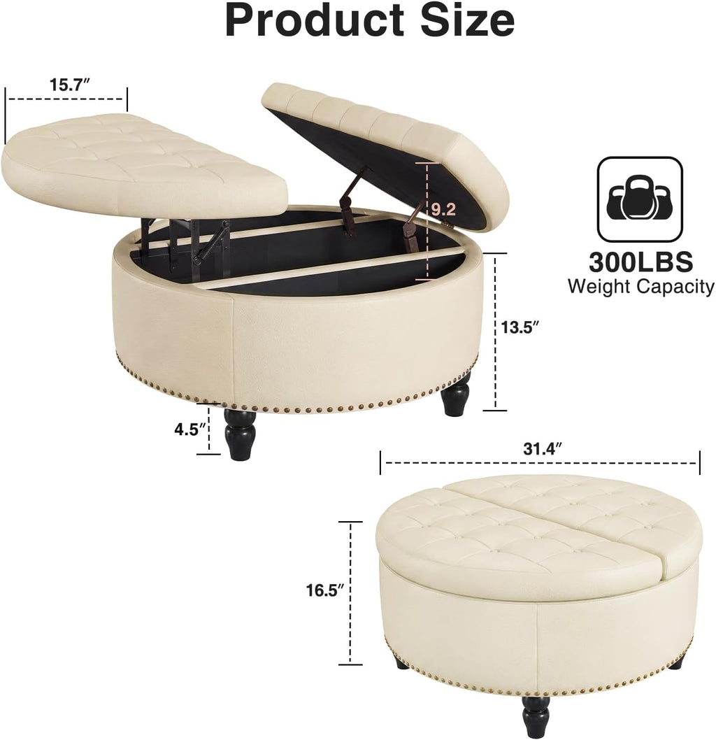FiveWillowise 31.5" Large Round Ottoman with Storage Circular,Cream White | Leather Coffee Table with Lift Top,Modern Upholstered Button Tufted Footrest Stool Solid Wood Legs for Living Room,Bedroom