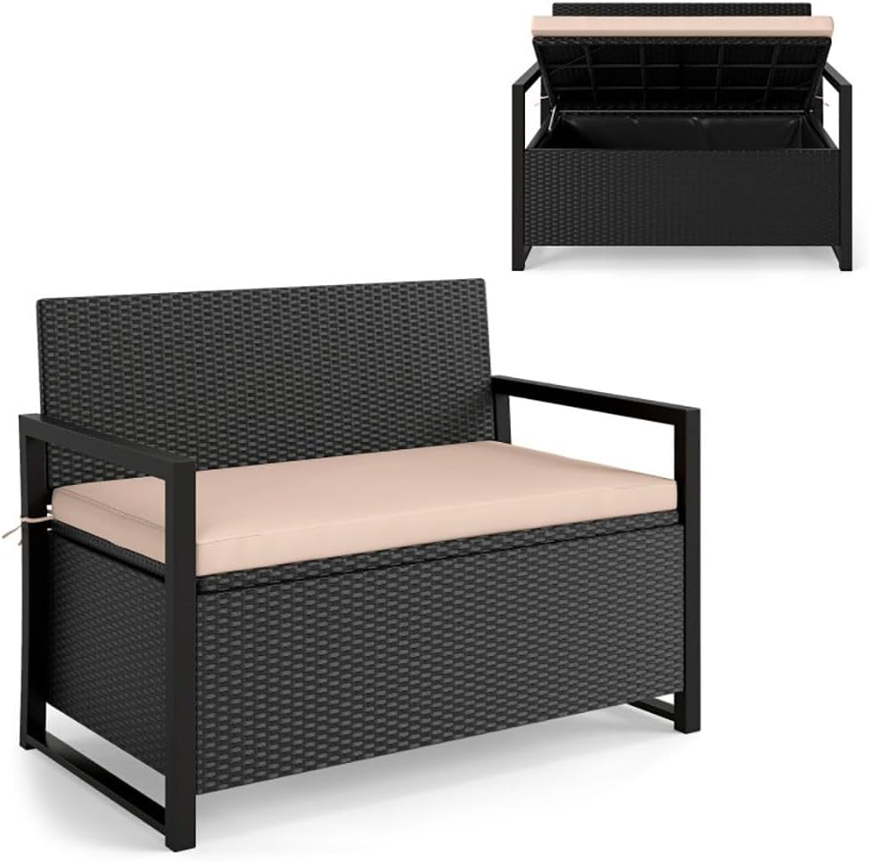 PE Rattan Outdoor Storage Loveseat Brown UV-Resistant Woven Rattan Pattern, 40-Gallon Under-Seat Storage, 800lbs Capacity for Patio