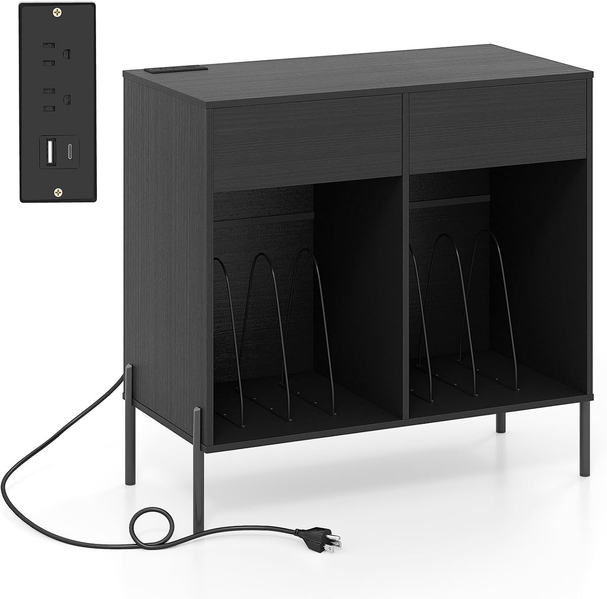LOKO Large Record Player Stand with Charging Station, Vinyl Record Holder with Storage Compartments & 2 Drawers, Turntable Display Stand with Metal Legs for Living Room, Bedroom, Office (Black)