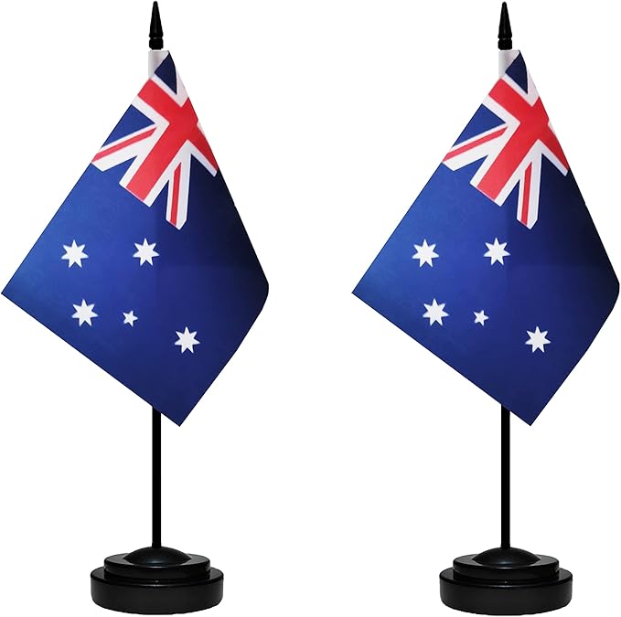 Australia Australian Deluxe Desk Flag Set Small Mini Miniature Australia Australian Table Desktop Flags With Solid Pole, Black Base and Spear Top(2 Pack)
