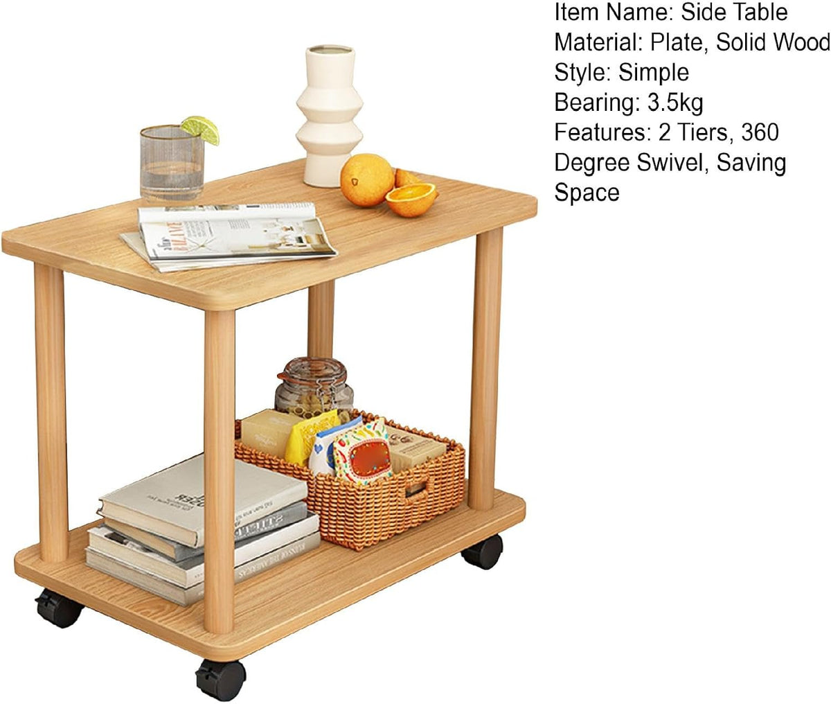 Rolling End Table with Wheels, 2-Tier 150lb Shelf, MDF Top Solid Wood Frame, Industrial Sofa/Coffee Table Wooden Color