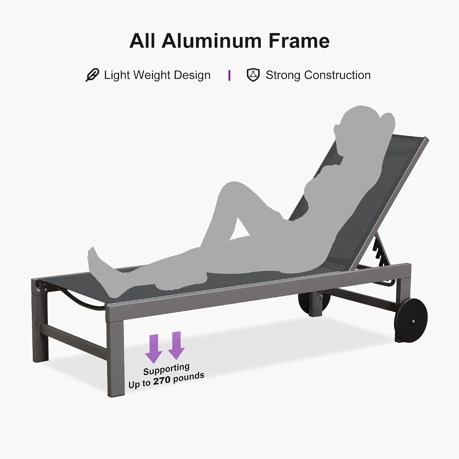 PURPLE LEAF Patio Lounge Chair Set for 2, Quick-Dry Fabric, Grey | Rust-resistant powder-coated frame, 270 lbs, quick-dry/fade-resistant Textilene mesh, 5-pos flat recline, wheels, side table