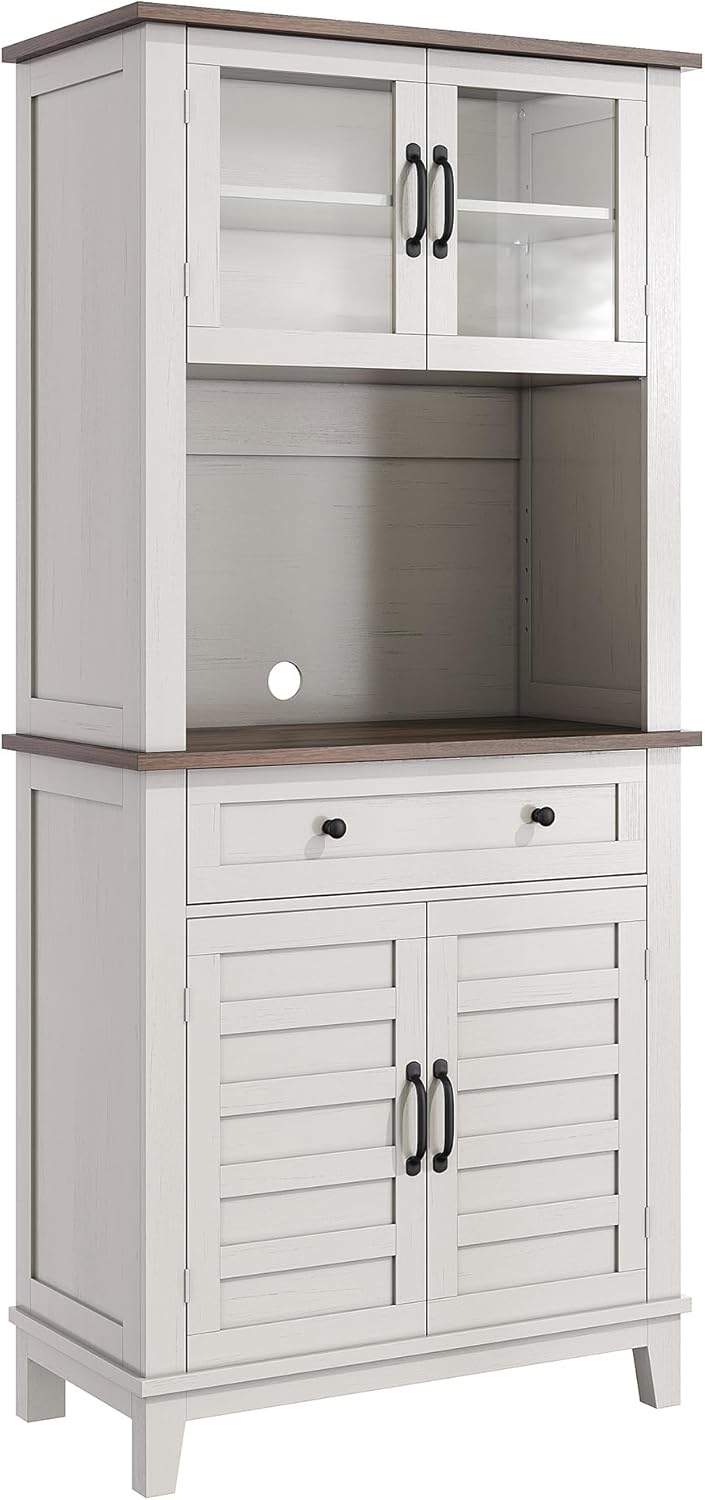GAOMON Elegant 72" White Pantry Coffee Bar Cabinet – Tall Kitchen Storage with Adjustable Shelves, 4 Glass Doors & 1 Drawer – Multi-Functional Hutch for Dining Room & Kitchen, White