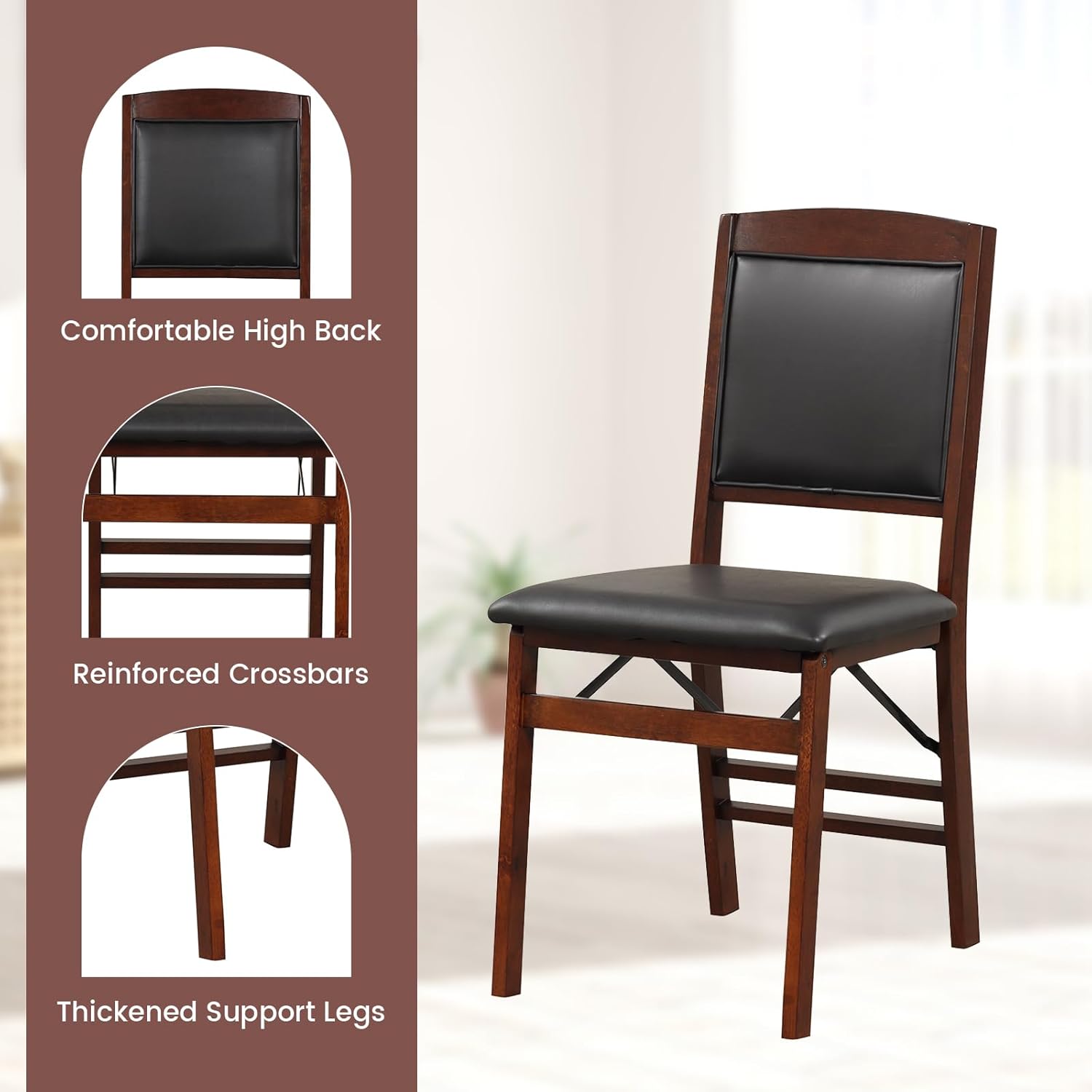 KOTEK Folding Dining Chairs Set of 2, Wooden Kitchen Chairs with Padded Seat & Backrest, Foldable Armless Side Chairs for Dining Room, Living Room
