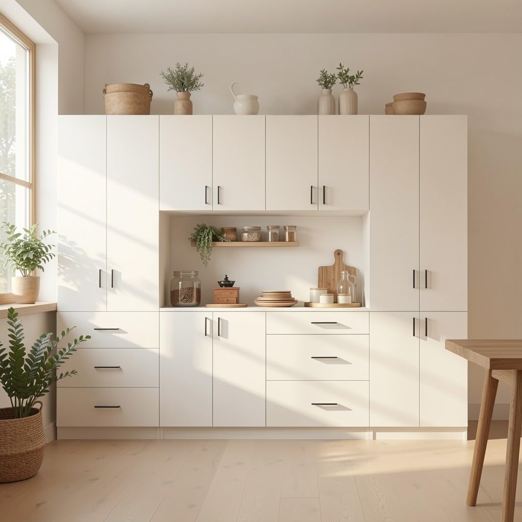 AGOTENI 94.5”H Tall Kitchen Pantry Cabinet with 4 Doors & 4 Shelves, Modern Kitchen Pantry with Adjustable Shelf, Black Handles, Cupboard for Kitchen Dining Room, White