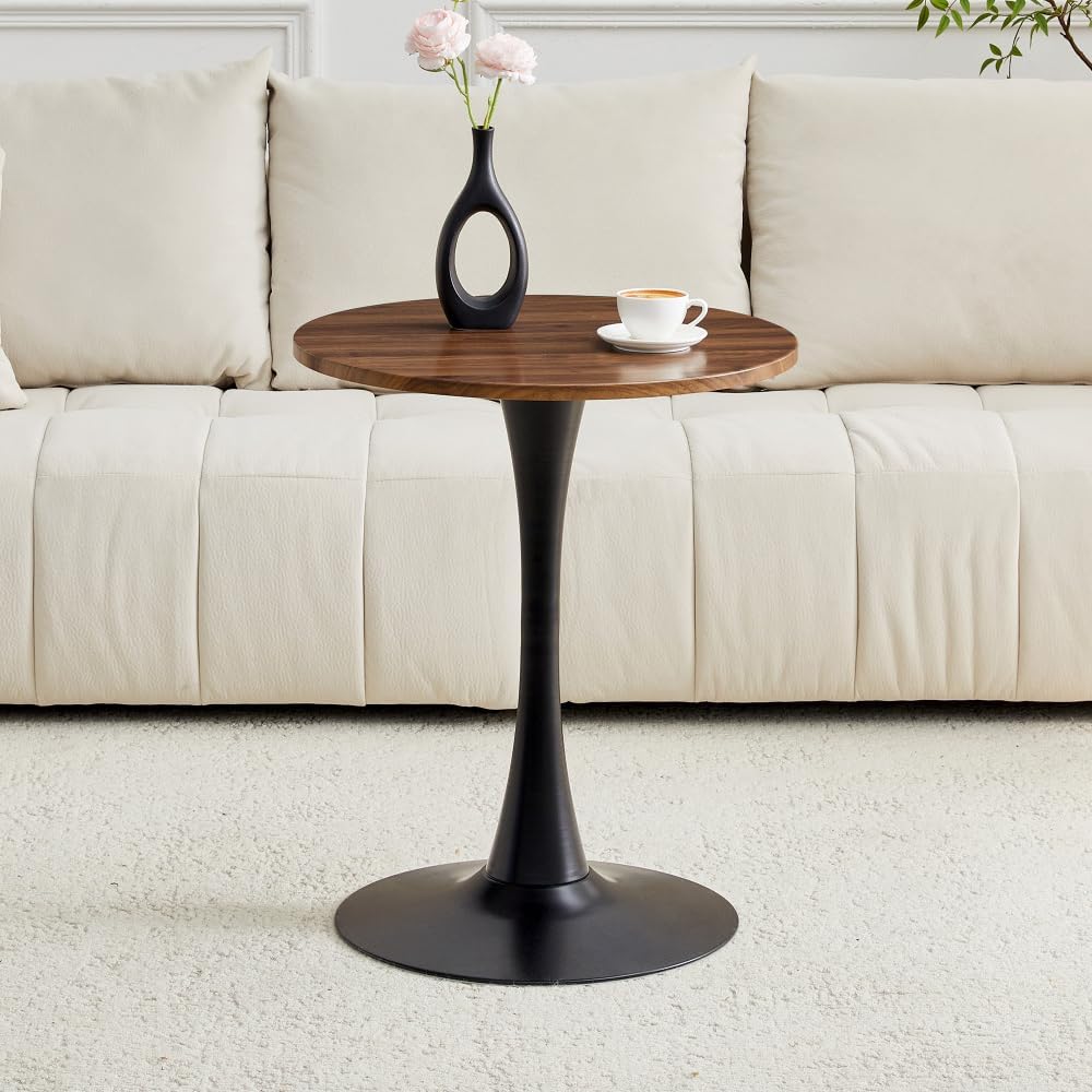 Round Dining Table, 23.6" Circle Tulip Table with Thickened Tabletop & Metal Pedestal, Mid Century Modern Bistro Table for Kitchen, Small Places, Living Room, Cafe (Walnut + MDF)