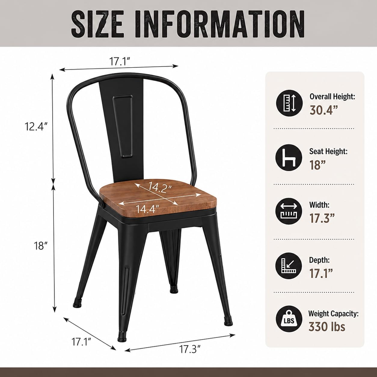 18 Inch Metal Dining Chairs Set of 4 Farmhouse Kitchen Chairs with Wooden Seat and Metal Backrest Stackable Black Dining Room Seating