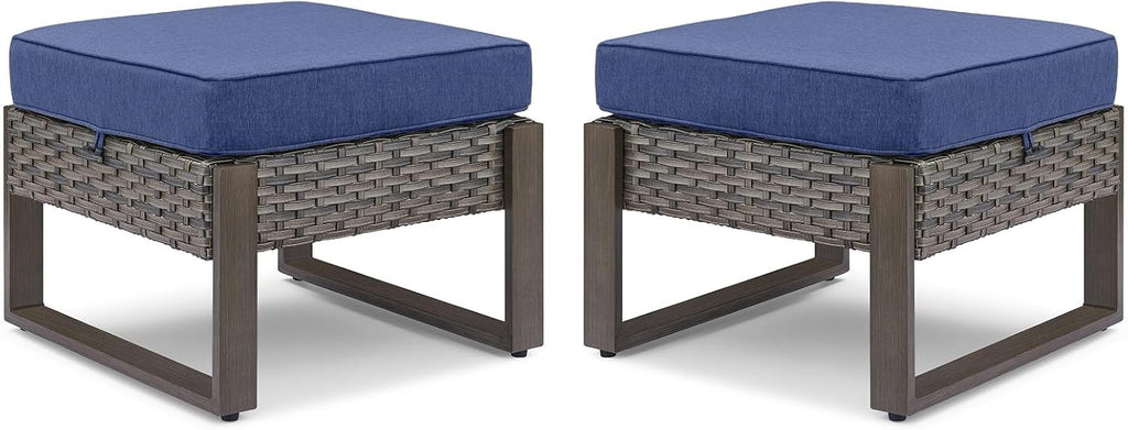 Belord Outdoor Ottomans for Patio - 250 LBS Weight Capacity Wicker Foot Rest Set of 2 with Woodgrain Lacquered Metal Frame Multipurpose Outdoor Foot Stool for Porch Balcony Backyard (Grey/Blue)