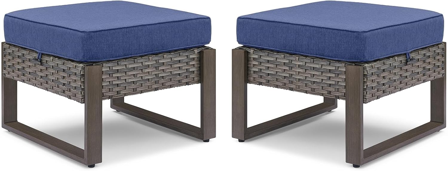 Belord Outdoor Ottomans for Patio - 250 LBS Weight Capacity Wicker Foot Rest Set of 2 with Woodgrain Lacquered Metal Frame Multipurpose Outdoor Foot Stool for Porch Balcony Backyard (Grey/Blue)