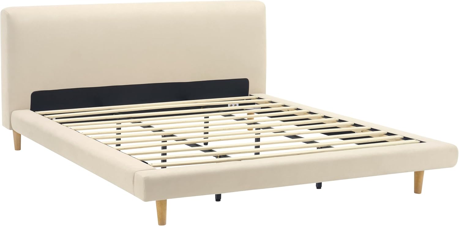 Cal-King Size Upholstered Beige Platform Bed with Chunky Headboard, Modern Fabric Bed Frame with 6-Inch Under-Bed Clearance for Bedroom, Solid Rubberwood Legs, 800lbs Capacity (California King)