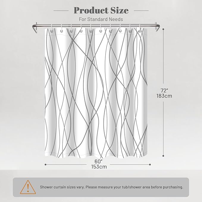 Punkray Grey and White Striped Polyester Shower Curtain for Bathroom with Hooks, Weighted Hem Water Repellent Washable, 60 x 72