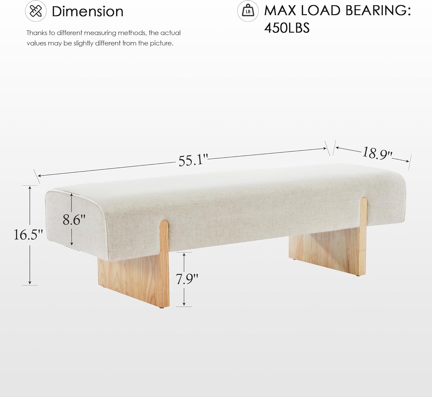 Zesthouse Solid Wood Bench for Bedroom, 55'' Upholstered Linen Fabric End of Bed Bench Queen Size, Modern Wooden Entryway Bench with Rubberwood Leg & Padded Cushion, Long Ottoman Bench Seat Indoor