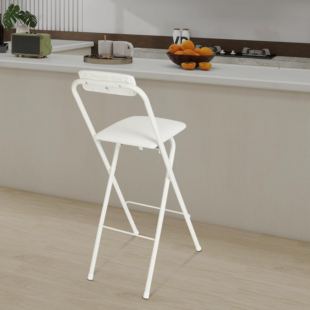 Folding Bar Stool with Back, 27 Inch Padded Counter Height Foldable Stool Portable Tall Folding Bar Chair 275lbs for Gardening Outdoor Kitchen Camping Fishing Shop Cafe (White)