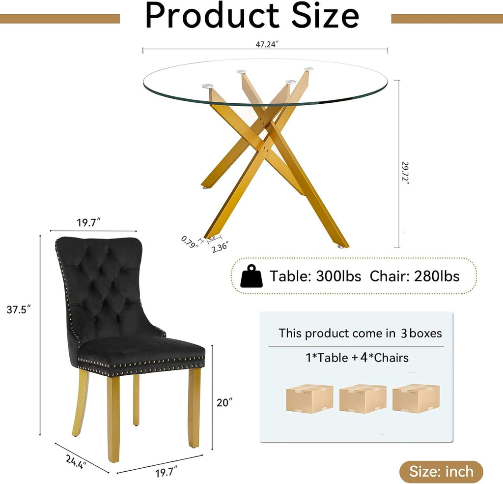 Modern 5-Piece Round Glass Dining Table Set for 4, Modern 47" Gold Glass Dining Room Table Set with Black Velvet Tufted Chairs for Kitchen Dining Room