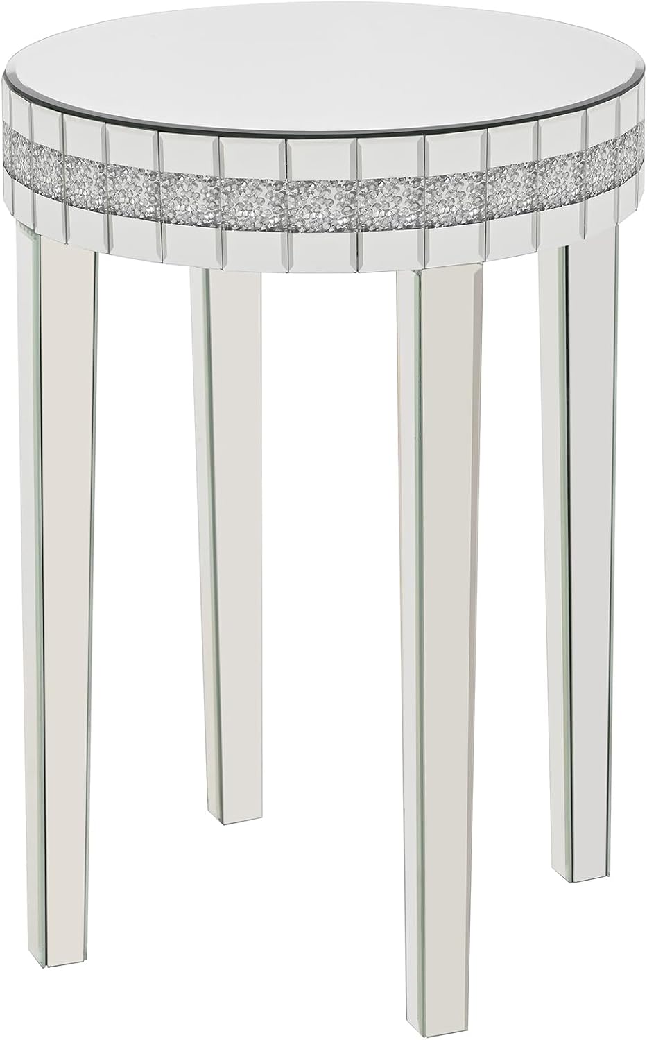 19.7" Mirror Side Table Round End Table with Crushed Diamond and Glass Top, Silver Coffee Table for Living Room, Bedroom, Sofa, Corner