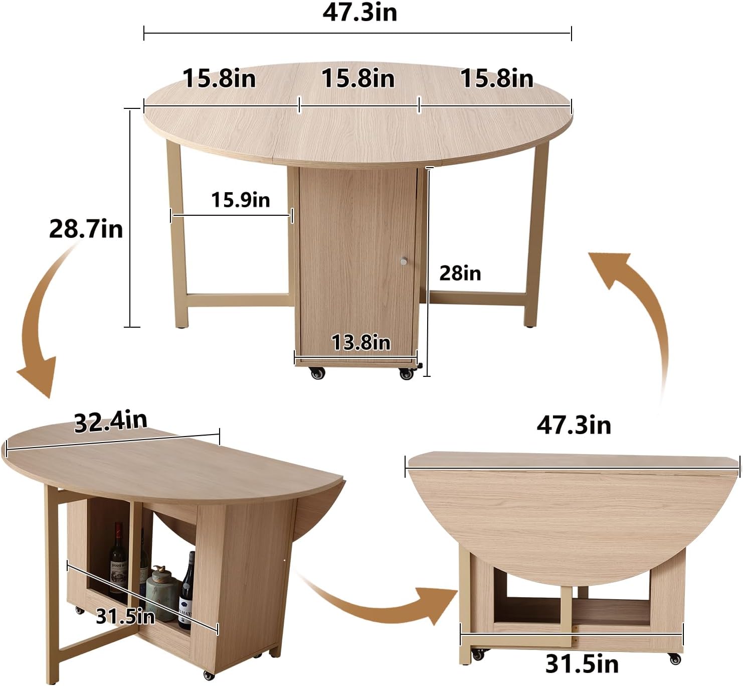 COMUHOME Wood Round Folding Dining Table with 2 Chairs, 47.3" Folding Table and Chairs with Storage Shelf Metal Legs for Home Dining Room Living Room, Space Saving Foldable Dining Table with 2 Chairs