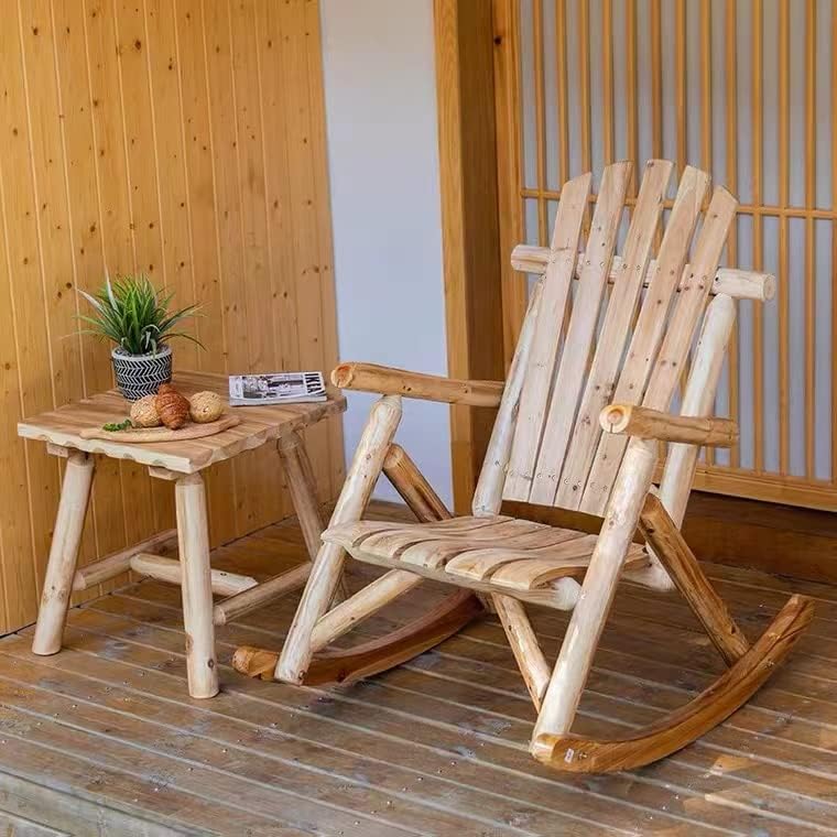 DJL Wooden Rocking Chair Log Outdoor Rocker Outside Patio Lawn Furniture Living Room Porch Comfy Beach Balcony, Heavy Duty, Lightly Toasted