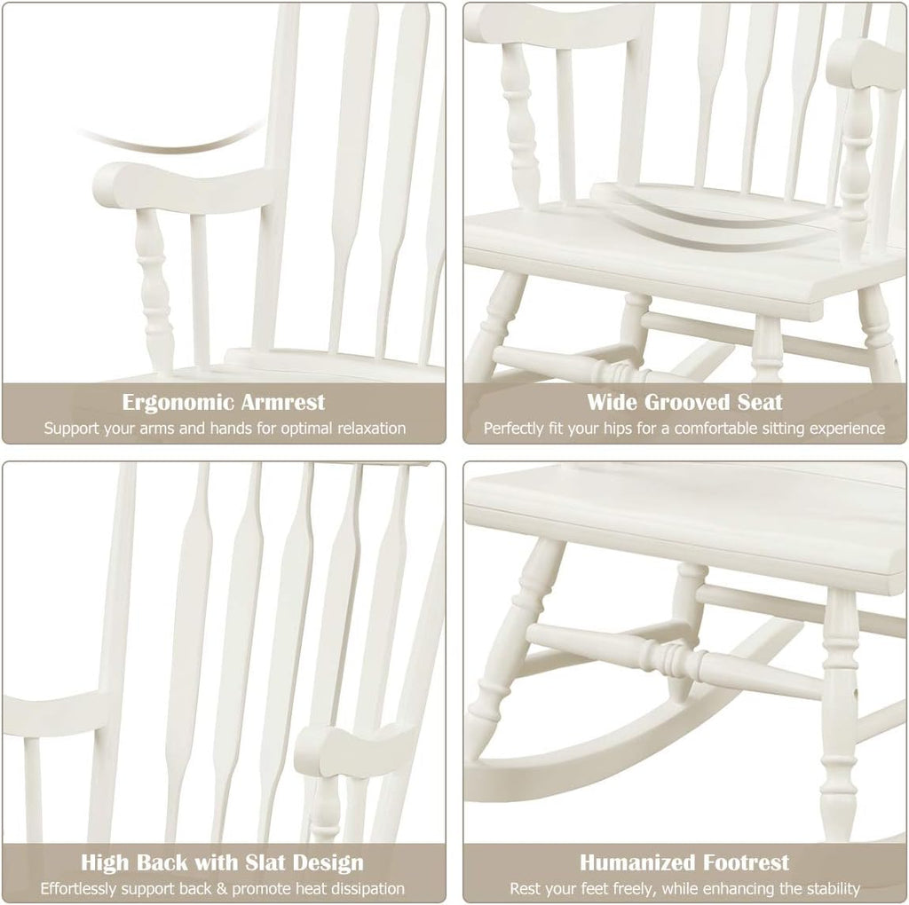 Giantex Outdoor Wood Rocking Chair - Patio Rocking Chair with Solid Rubber Wood Frame, Slat Back, Outside & Indoor Rocker for Garden, Poolside, Balcony, Backyard, Lawn, Front Porch Rocker, White