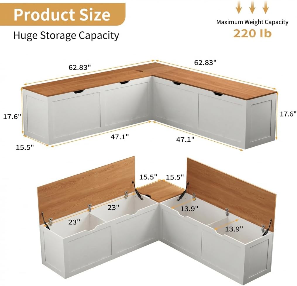 L Shape Kitchen Breakfast Nook Bench, Kitchen Corner Nook Bench Seating with Hidden Storage, Corner Dining Bench for Entryway. (White + Yellow)