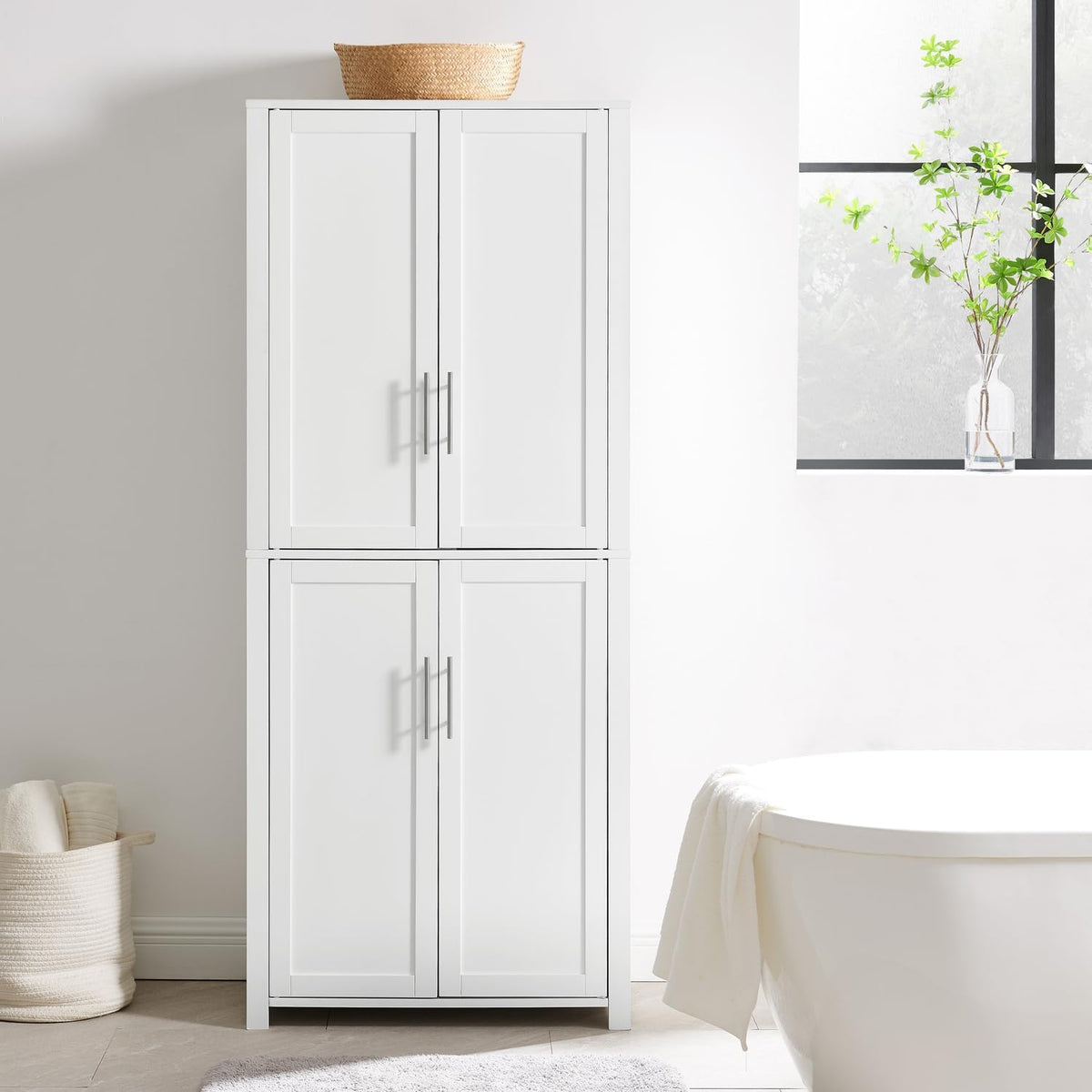HomeStock Tall Pantry Cabinet - White Linen Storage - 15" D x 28" W x 67" H - Adjustable Shelves