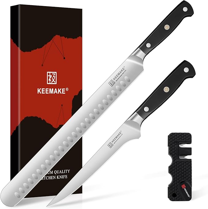 KEEMAKE BBQ Carving Knife Set, Brisket Knife and Boning Knife for Meat Cutting, High Carbon Stainless Steel Sharp Knives Set for Kitchen, Carving Knives for Roast Meat Ham Turkey
