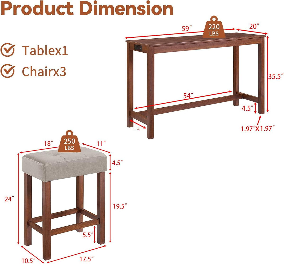 59" Dining Bar Table Set with Power Outlet, Behind Couch Sofa Table with 3 Padded Stools, 4 Piece Bar Table and Chairs Set for Living Room, Dining Room, Cherry