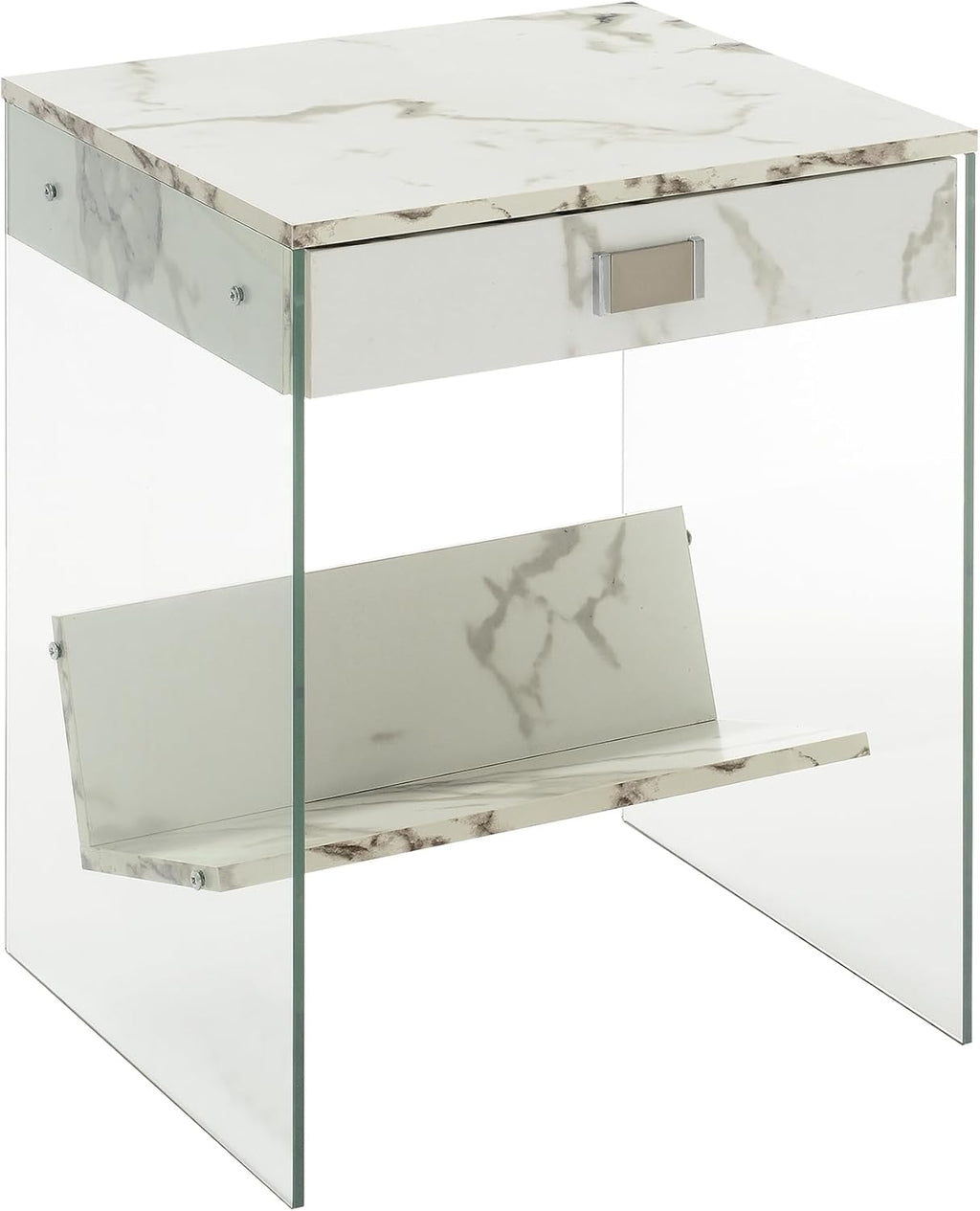 Convenience Concepts SoHo 1 Drawer Glass End Table 18" - 2 Tier Modern, Contemporary Square Side Accent with Storage Shelf for Living or Family Room, White Faux Marble