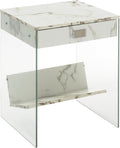 Convenience Concepts SoHo 1 Drawer Glass End Table 18" - 2 Tier Modern, Contemporary Square Side Accent with Storage Shelf for Living or Family Room, White Faux Marble