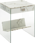 Convenience Concepts SoHo 1 Drawer Glass End Table 18" - 2 Tier Modern, Contemporary Square Side Accent with Storage Shelf for Living or Family Room, White Faux Marble