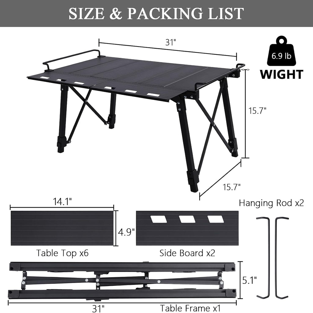 Aircity Folding Camping Table, Portable Aluminum Table, Adjustable Height | Lightweight Foldable Outdoor Table with Carry Bag for BBQ, Picnic, Beach, Travel, Camping Cooking and Outdoor Activities