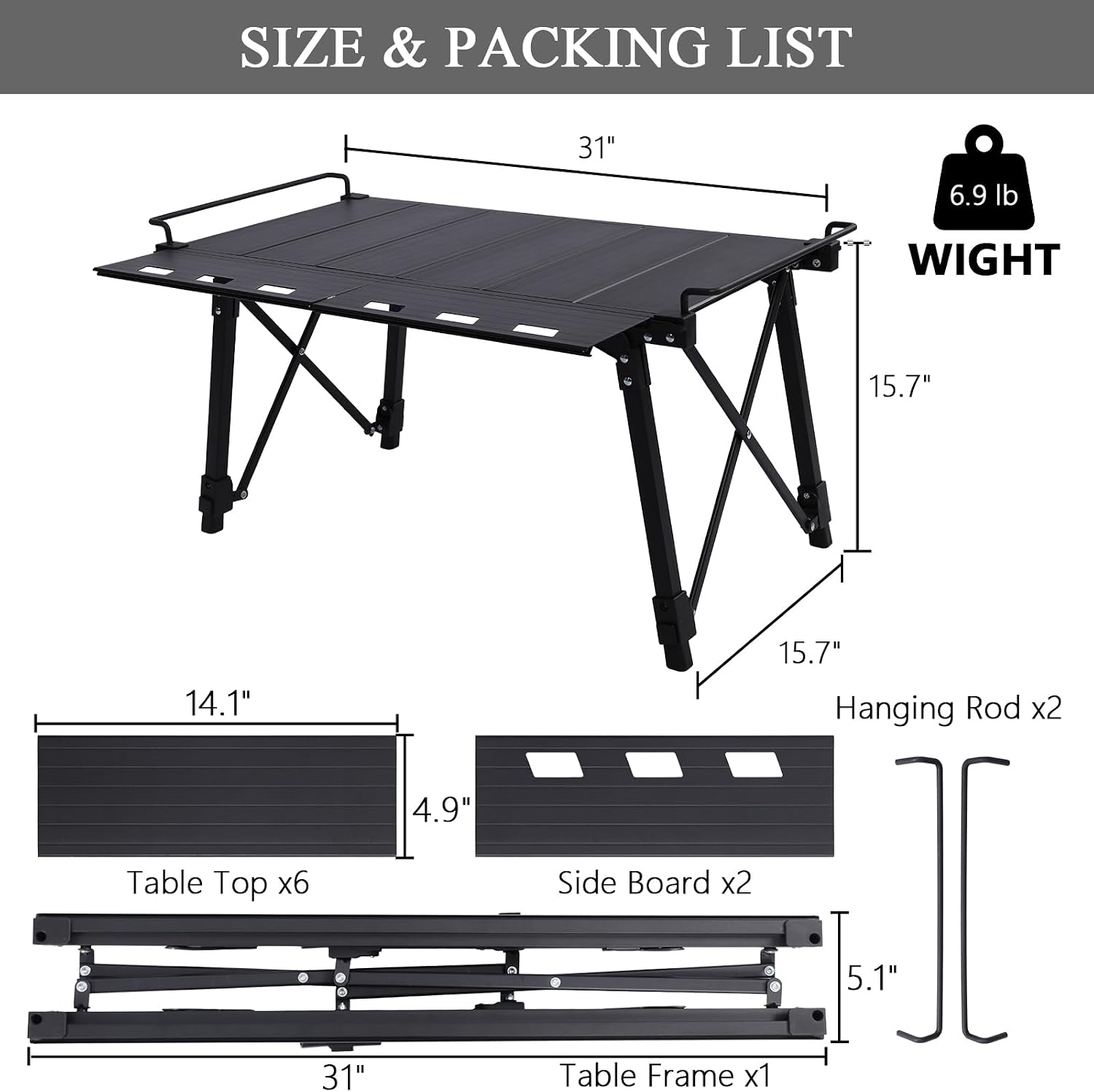 Aircity Folding Camping Table, Portable Aluminum Table, Adjustable Height | Lightweight Foldable Outdoor Table with Carry Bag for BBQ, Picnic, Beach, Travel, Camping Cooking and Outdoor Activities