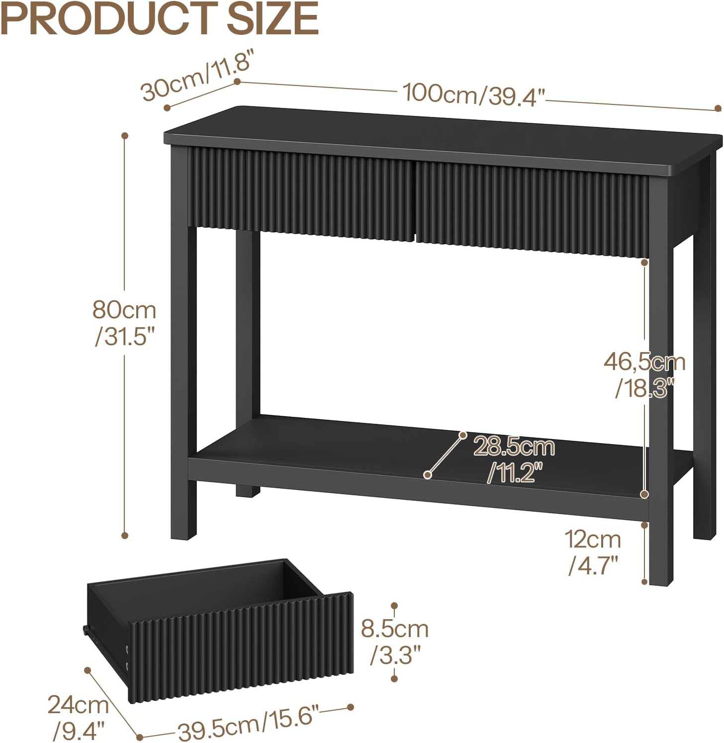 HOOBRO 39.4" Console Table with 2 Wavy Drawers, Narrow Long Entryway Table with Storage Shelf, 2 Tier Modern Sofa Table Wooden Behind Couch Table, Hallway Table for Living Room, Black BK89XG01N1