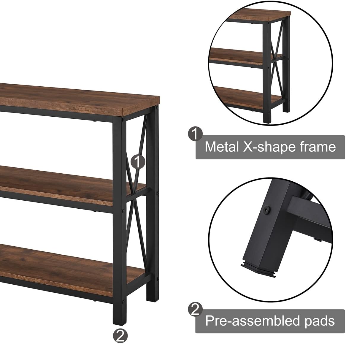 BON AUGURE 47” Narrow Console Table, 3 Tier Sofa Table Behind Couch, Rustic | Entryway Table with 3 Open Shelves, Industrial Steel Frame Entry Tables for Hallway, Foyer, Living Room, or Behind the Couch
