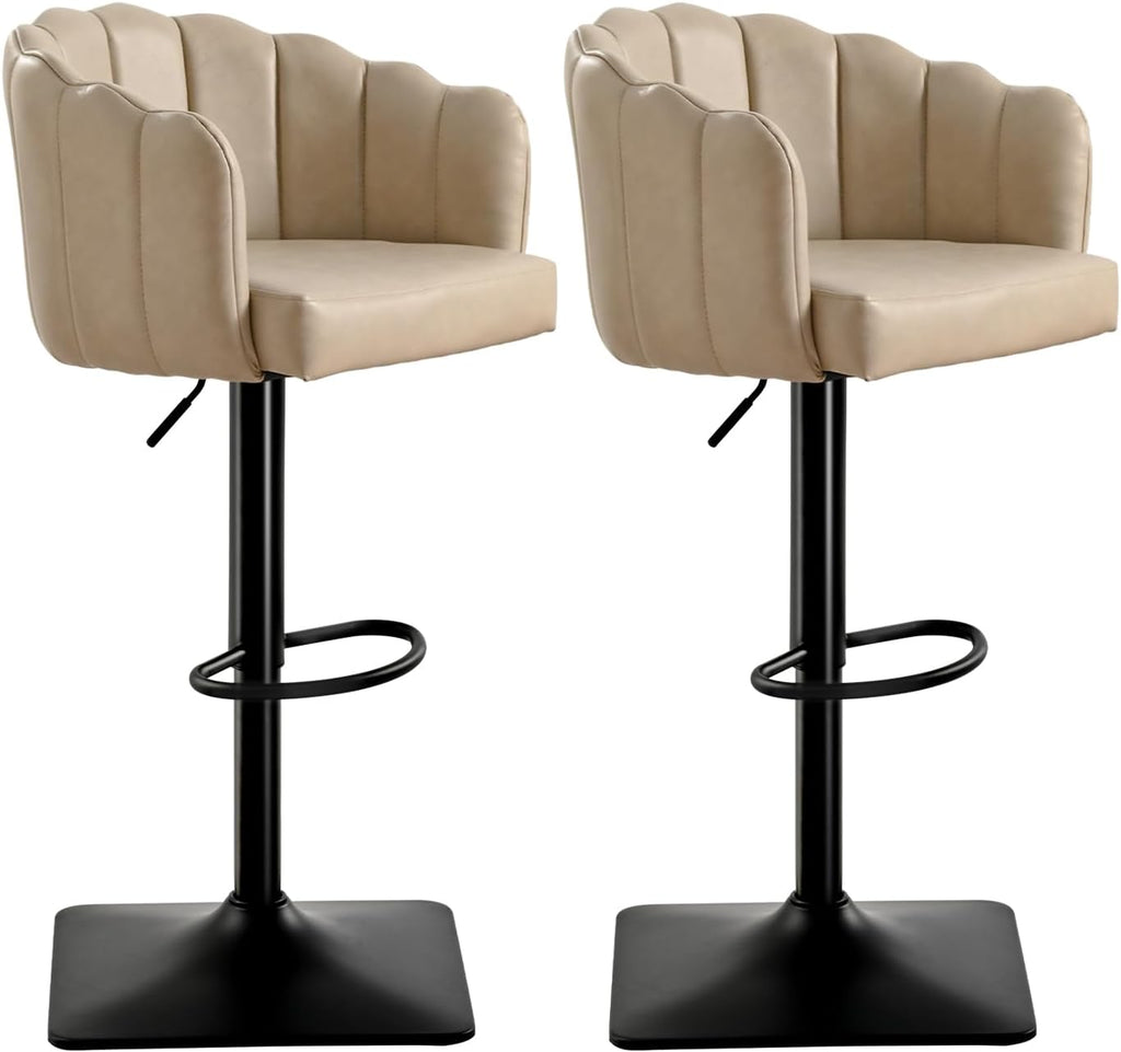 Swivel Bar Stools Set of 2: 24.8" to 32.7" Height Adjustable PU Upholstered Barstools for Counter Kitchen Island Tall Metal Bar Stool Black & Beige