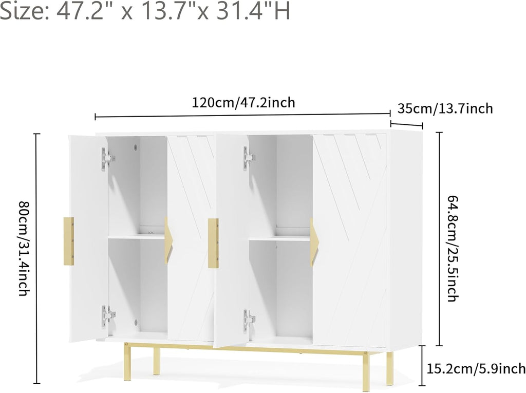 Sideboard Buffet Cabinets with Storage, Accent Storage Cabinets with Fluted Doors, Gold Metal Handle and Legs, Wood Console Table Credenza for Living Room, Entryway, White