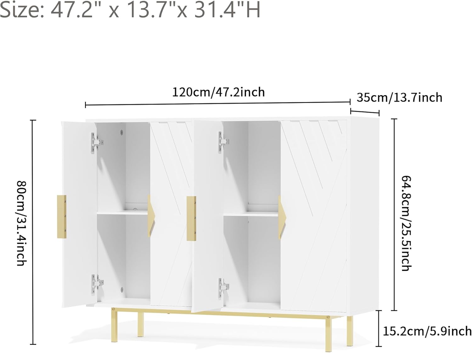 Sideboard Buffet Cabinets with Storage, Accent Storage Cabinets with Fluted Doors, Gold Metal Handle and Legs, Wood Console Table Credenza for Living Room, Entryway, White