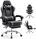 DUMOS Ergonomic Gaming Chair with Footrest, Home Office Desk Chair | PU Leather, Headrest, Linkage Armrests, Height Adjustable, 360 Swivel Reclining, Black Grey