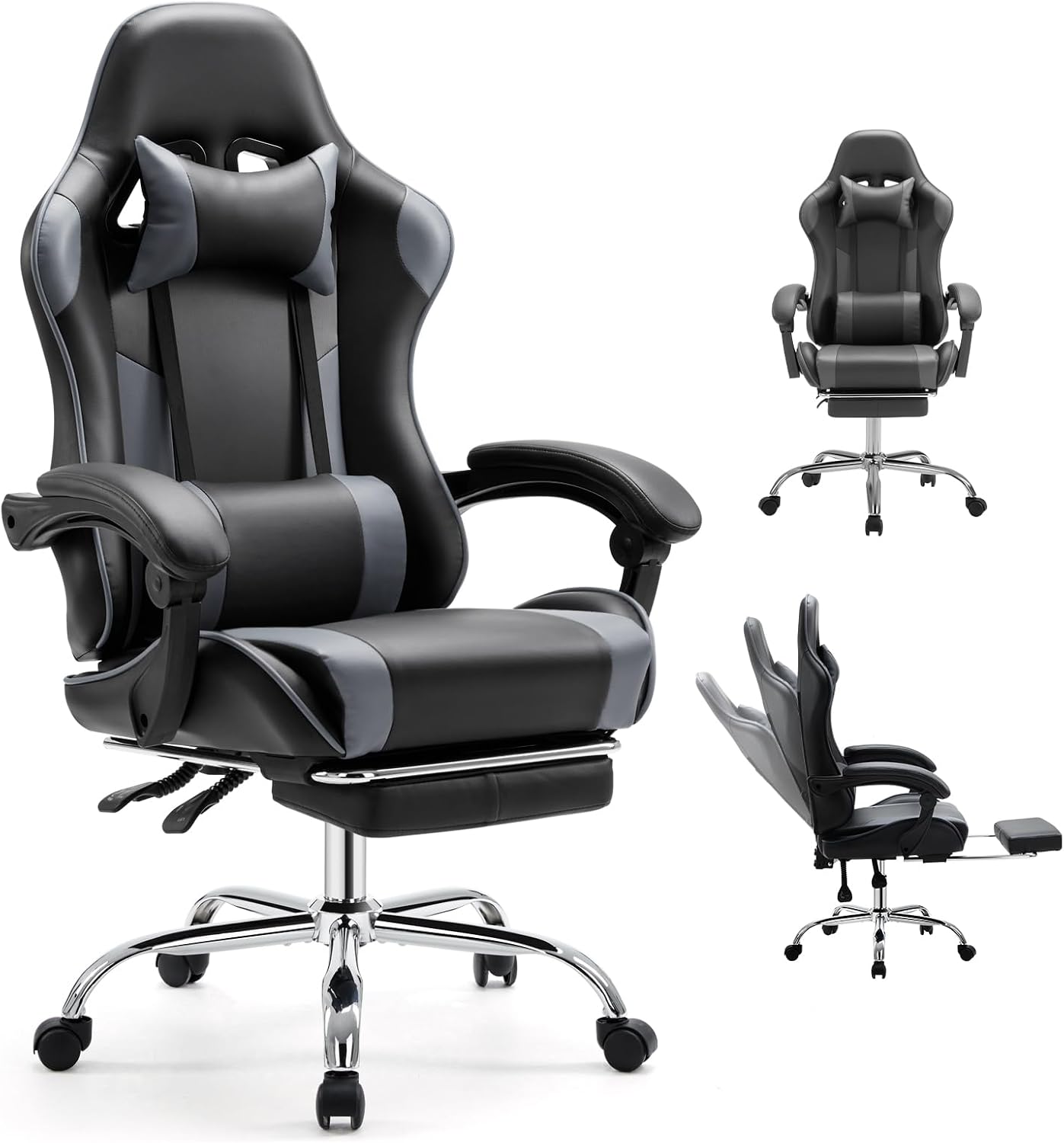 DUMOS Ergonomic Gaming Chair with Footrest, Home Office Desk Chair | PU Leather, Headrest, Linkage Armrests, Height Adjustable, 360 Swivel Reclining, Black Grey