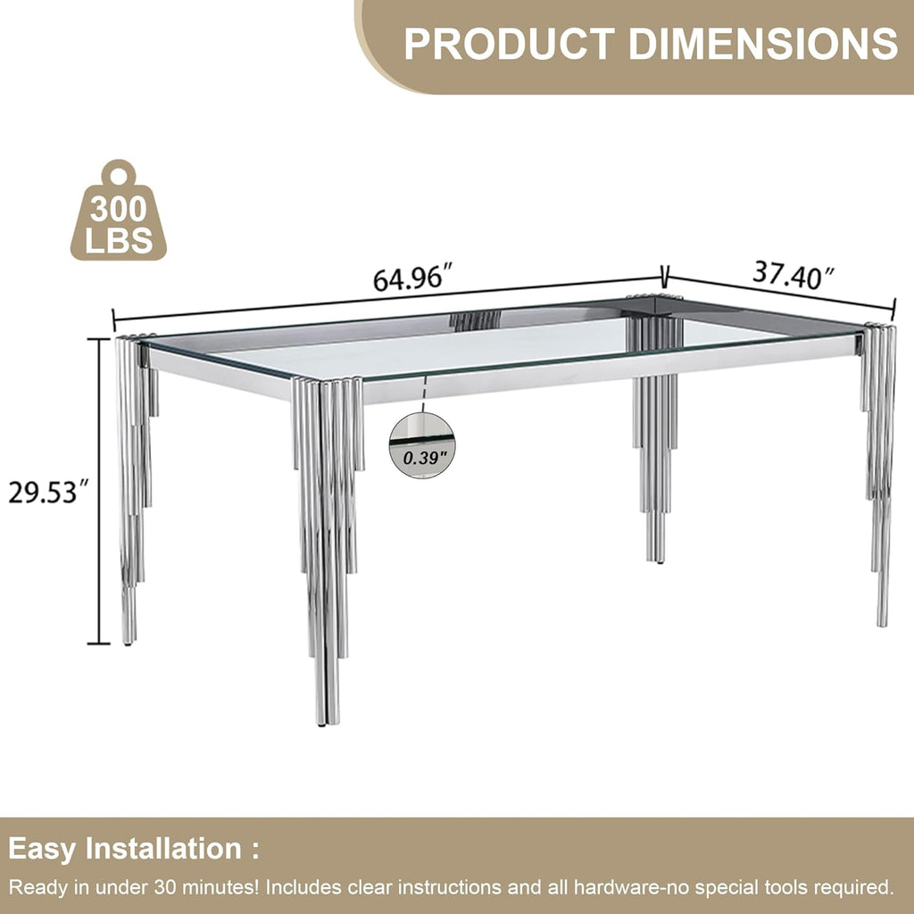 Modern Rectangle Glass Dining Table, 65" Clear Tempered Glass Desktop with Silver Mirrored Stainless Steel Legs, Stylish Elegant for 6 People, for Kitchen, Living Room, Office