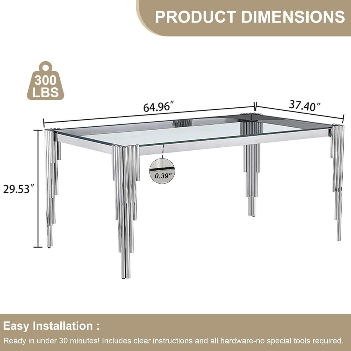 Modern Rectangle Glass Dining Table, 65" Clear Tempered Glass Desktop with Silver Mirrored Stainless Steel Legs, Stylish Elegant for 6 People, for Kitchen, Living Room, Office