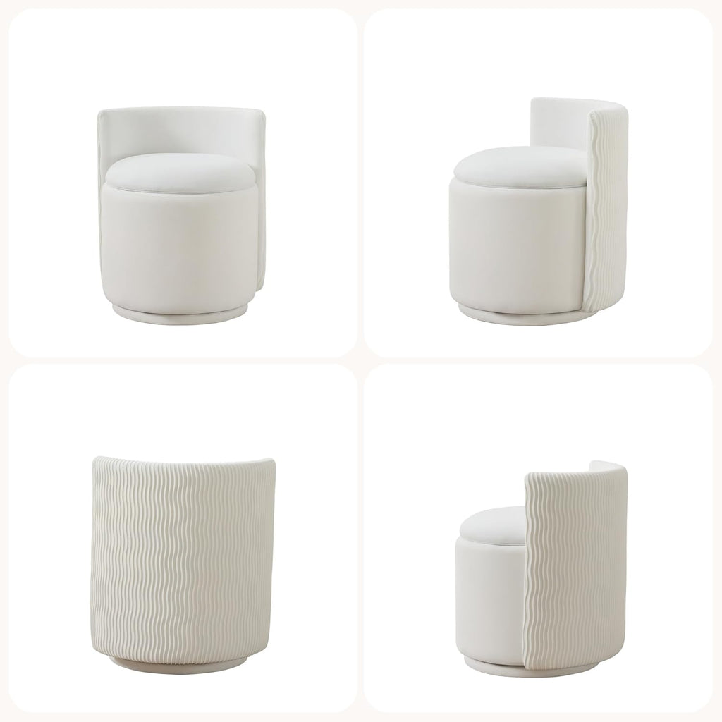 HUBSON Vanity Chair with Storage, Swivel Velvet Chairs with Back, Modern Round Accent Makeup Chair, No Assembly Vanity Stool for Living Room, Bedroom, Dressing, White