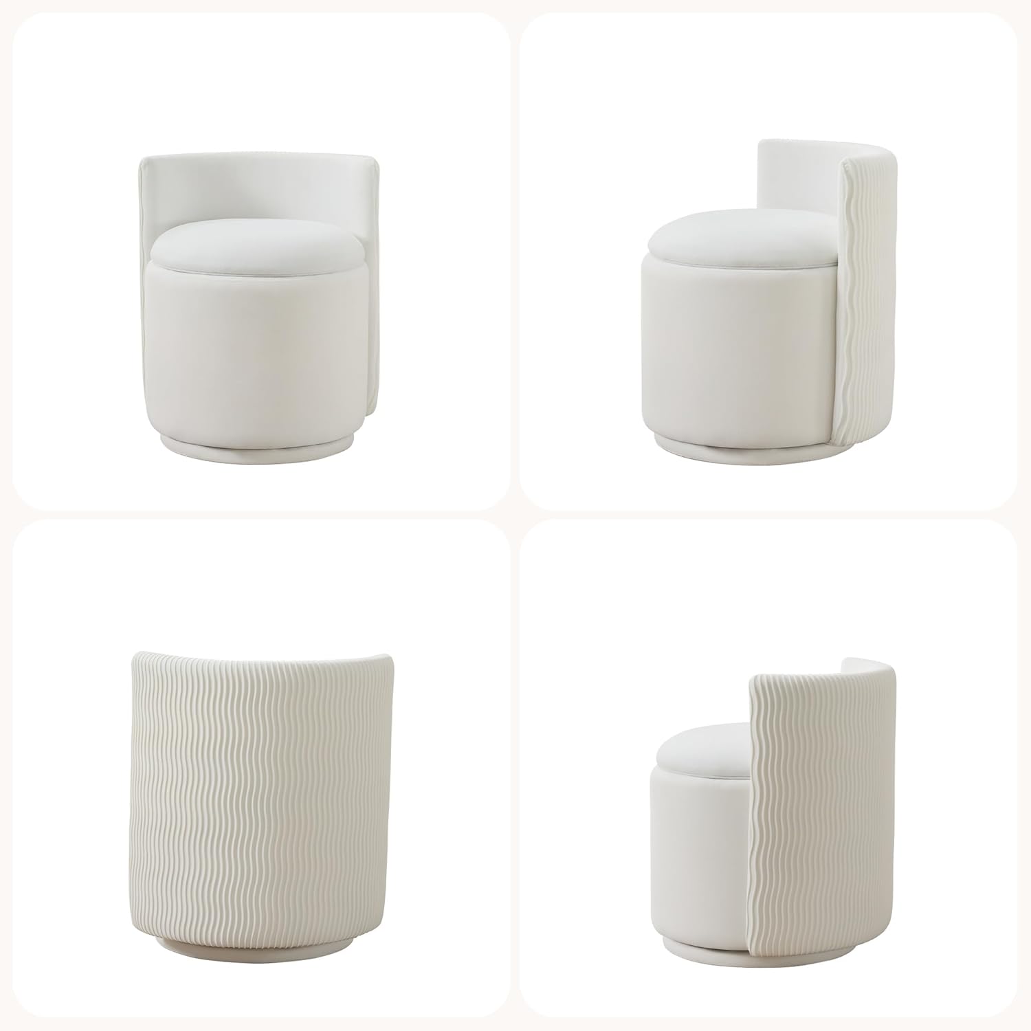 HUBSON Vanity Chair with Storage, Swivel Velvet Chairs with Back, Modern Round Accent Makeup Chair, No Assembly Vanity Stool for Living Room, Bedroom, Dressing, White