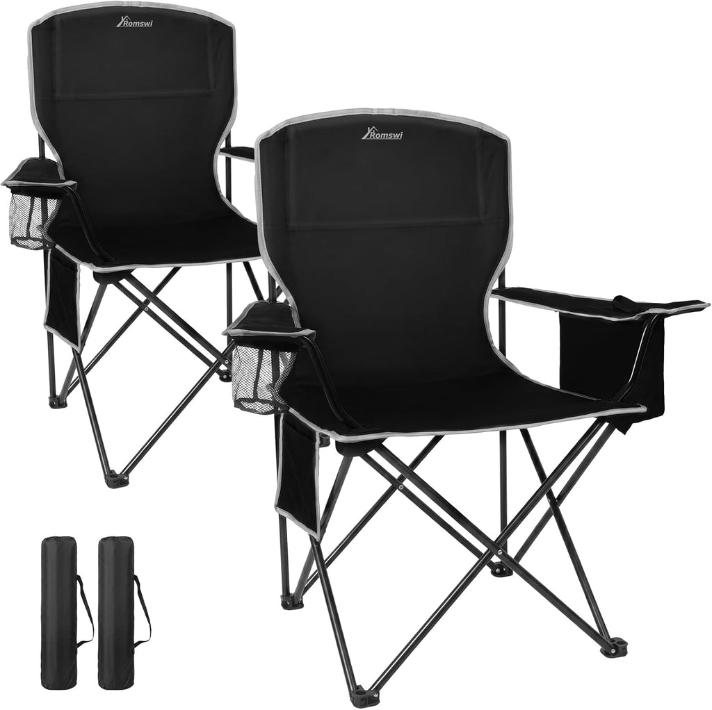 Romswi Lightweight 2Pcs Camping Chairs for Adults, Folding Lawn Chair with 4-Can Cooler Bag, Cup Holder,Collapsible Portable Outdoor Chair for Tailgating, Beach, Fishing,Black
